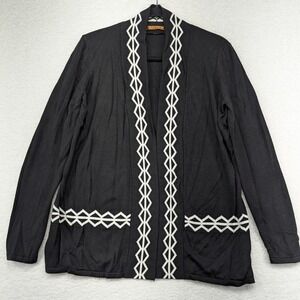 Belldini‎ Black White Geometric Trim Open Front Cardigan Sweater Size L